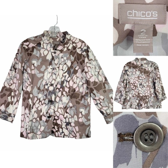 Chicos Blazer Button Up Jacket Womens Size 2 US L Pink Brown Floral Print - Picture 1 of 8